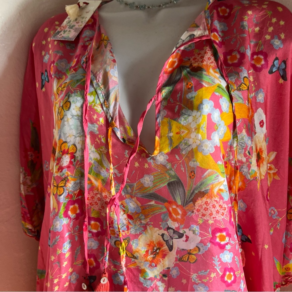 Johnny Was Silk Kaftan Poncho Kimono Blouse One Size Pink Floral Butterfly Boho